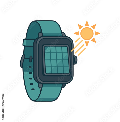 solar powered smart watch wearable technology and eco innovation flat vector illustration style isolated on white background