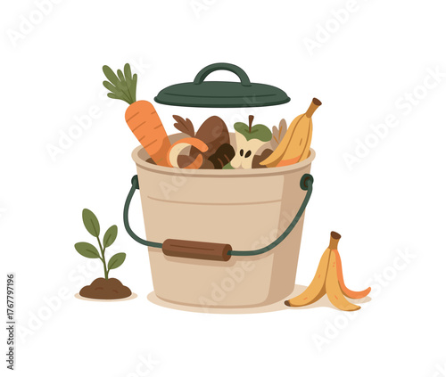 kitchen compost bin home gardening and zero waste flat vector illustration style isolated on white background
