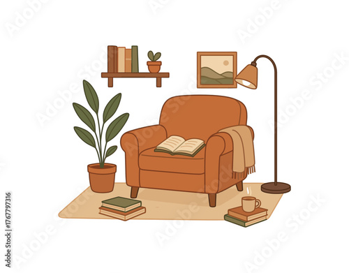 cozy reading nook home comfort and interior lifestyle flat vector illustration style isolated on white background