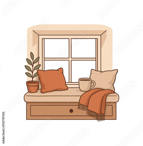 window cozy relaxation spot and home comfort flat vector illustration style isolated on white background