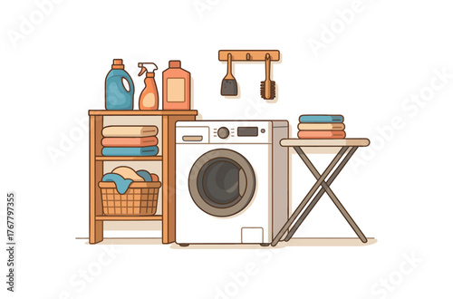 laundry corner organized household and home chores flat vector illustration style isolated on white background