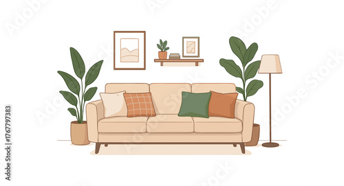 sofa with cushions modern living room interior and comfort flat vector illustration style isolated on white background