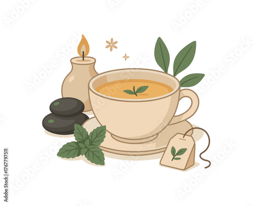 herbal tea cup relaxation rituals and natural wellness flat vector illustration style isolated on white background