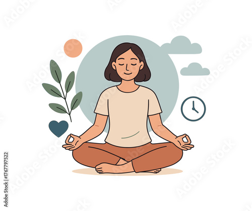 meditation app mindful living and stress management flat vector illustration style isolated on white background