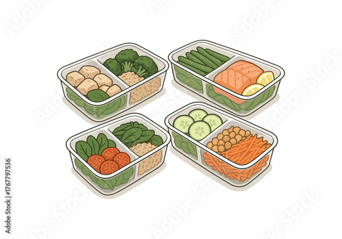 meal prep containers healthy eating habits and planning flat vector illustration style isolated on white background