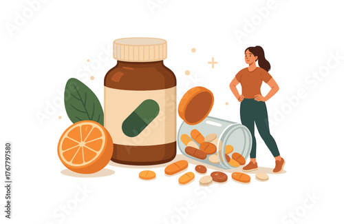 vitamin supplements daily support and healthy lifestyle flat vector illustration style isolated on white background