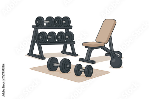 home gym dumbbells strength training and fitness flat vector illustration style isolated on white background