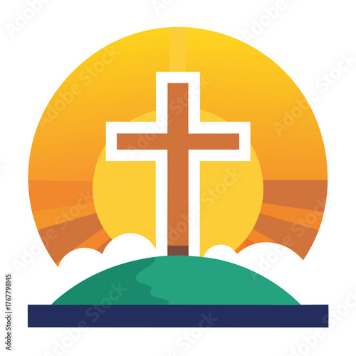 Easter sunday sunrise behind a cross flat vector design