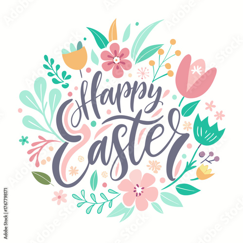 Happy easter calligraphy with delicate pastel flowers