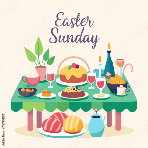 Festive easter sunday family dinner table laden with food