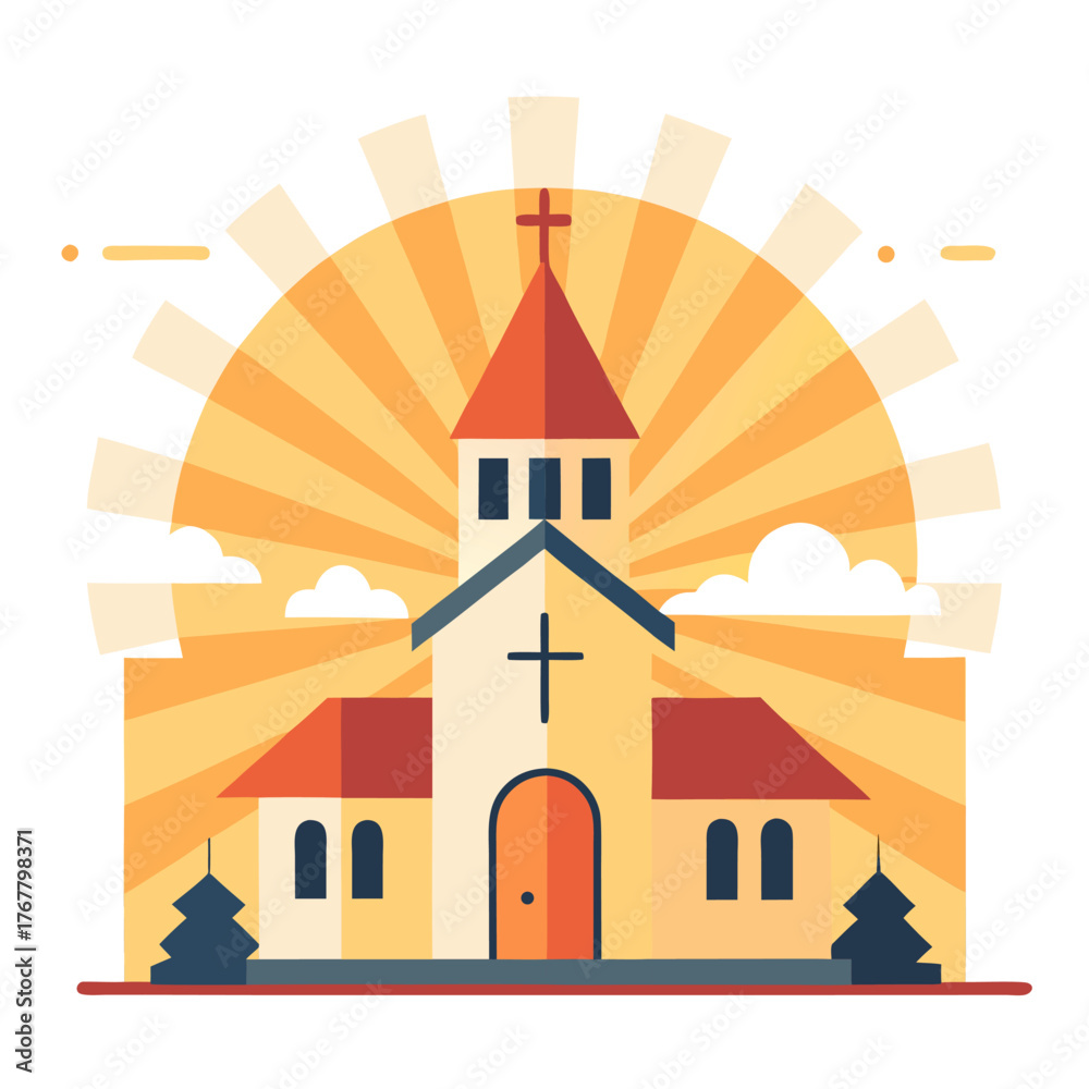 Naklejka premium Sunrise rays over easter sunday church illustration