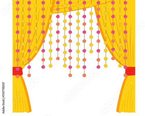Haldi backdrop decoration with hanging tassle, decorative curtains for Indian haldi mehendi wedding ceremony vector illustration