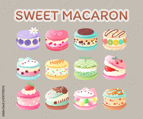 Sweet Macaron Clipart Set | Cute Kawaii Dessert Vector Illustration, Colorful Pastel Bakery Icons for Stickers, Patterns, and Packaging Design
