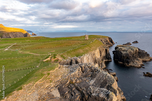 Aerial view of the coast at Malin Beg at the Napoleonic Signal Tower - County Donegal, Ireland