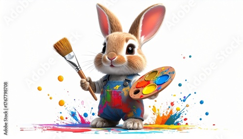 Adorable Bunny Artist Painting with Colorful Splashes