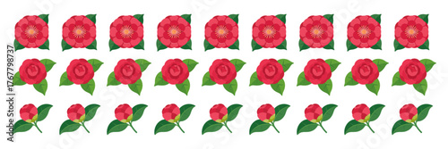 Red camellia border pattern, repeating floral row, seamless decorative strip, garden motif divider, elegant botanical vector, isolated background