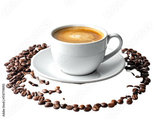 Creamy coffee in a white cup on a saucer, surrounded by brown coffee beans against a black background