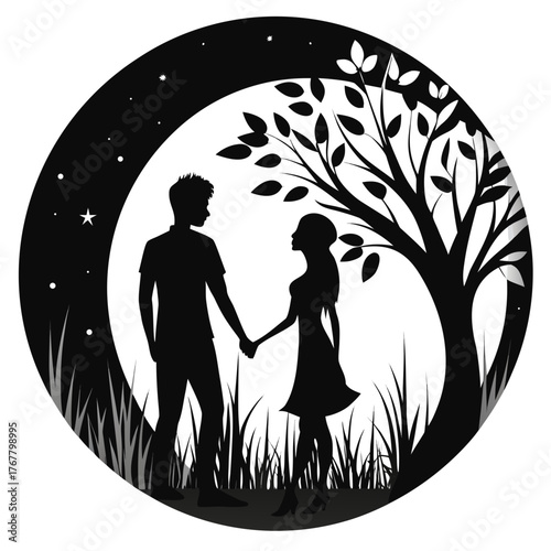 Silhouette couple holding hands under a tree at night with stars and moon