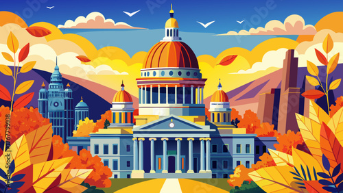 Very beautiful Colorado State Capitol Building dome surrounded by colorful autumn leaves, golden trees framing the historic architecture under a clear blue sky in downtown Denver, Colorado, USA.