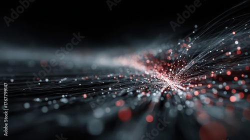 Abstract network with red and white glowing particles in dark background. Useful for technology, science, or data visualization designs.