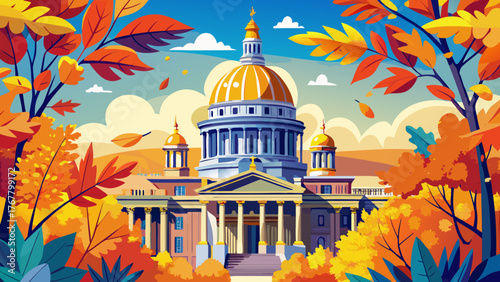 Very beautiful Colorado State Capitol Building dome surrounded by colorful autumn leaves, golden trees framing the historic architecture under a clear blue sky in downtown Denver, Colorado, USA.