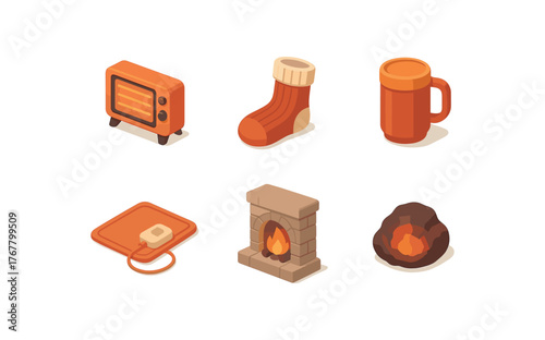 isometric icon items isolated on white background warmth radiant heater warmth wool stocking warmth insulated mug warmth heating pad warmth hearth stone warmth ember glow