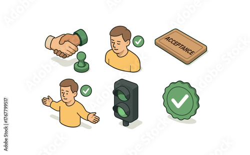 isometric icon items isolated on white background acceptance handshake stamp acceptance nod sequence acceptance welcome mat acceptance open arms acceptance green light acceptance checkmark