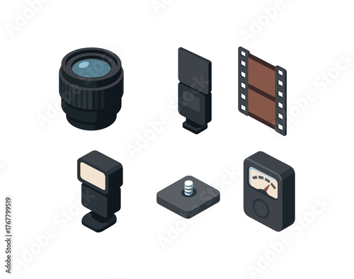 isometric icon items isolated on white background photo camera lens photo film strip photo unit photo tripod mount photo aperture dial photo exposure meter