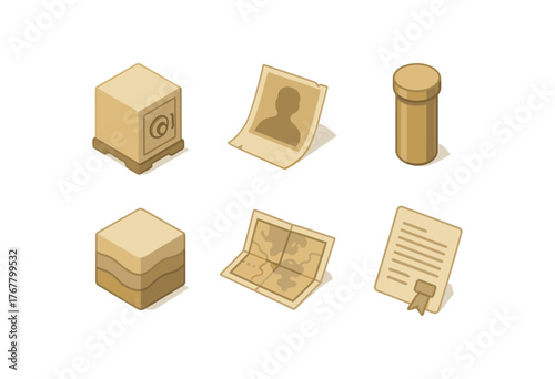 isometric icon items isolated on white background past archival vault past sepia filter past time capsule past stratigraphy layer past chronicle map past citation index