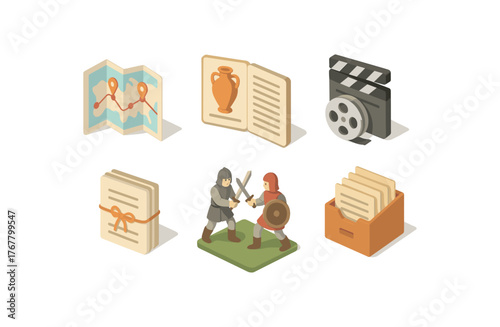 isometric icon items isolated on white background history timeline map history artifact catalog history documentary film history primary source collection history battle reenactment history