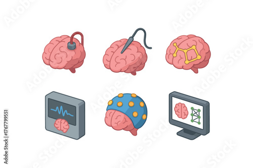 isometric icon items isolated on white background brain blood flow sensor brain neural probe brain electrical map brain cerebrospinal monitor brain activity EEG cap brain connectivity matrix