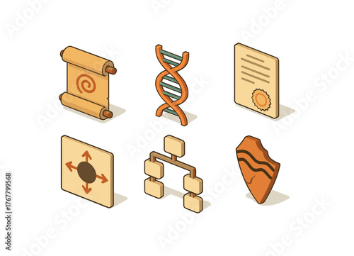 isometric icon items isolated on white background origin myth scroll origin DNA helix origin birth certificate origin creation diagram origin lineage chart origin archeology shard
