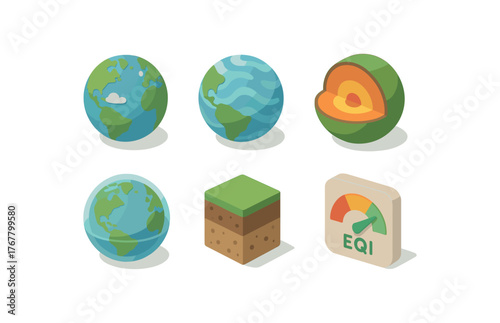 isometric icon items isolated on white background earth biosphere zone earth hydrosphere model earth lithosphere layer earth stratospheric layer earth soil profile earth environmental index