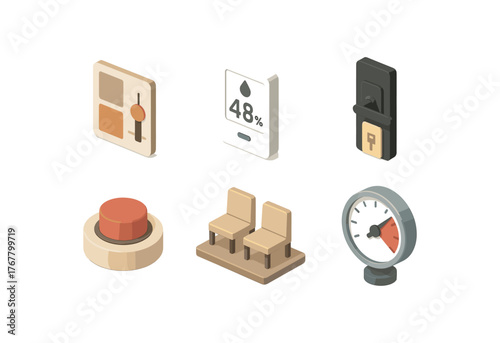 isometric icon items isolated on white background room decor mood board room humidity monitor room keycard lock room service call button room seating arrangement room pressure gauge