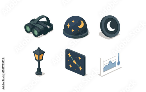 isometric icon items isolated on white background night goggles night sky dome night shutter speed setting night streetlight lamp night map night temperature chart