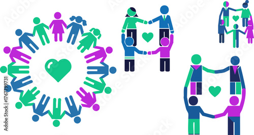Diverse community circle holding hands around a heart with partnership icons set