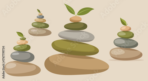 Stacked stones with leaves symbolize balance and harmony in a zen garden setting