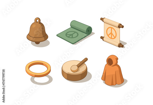 isometric icon items isolated on white background peace tranquility bell peace mindfulness mat peace mantra scroll peace aura ring peace soft drum peace hush cloak