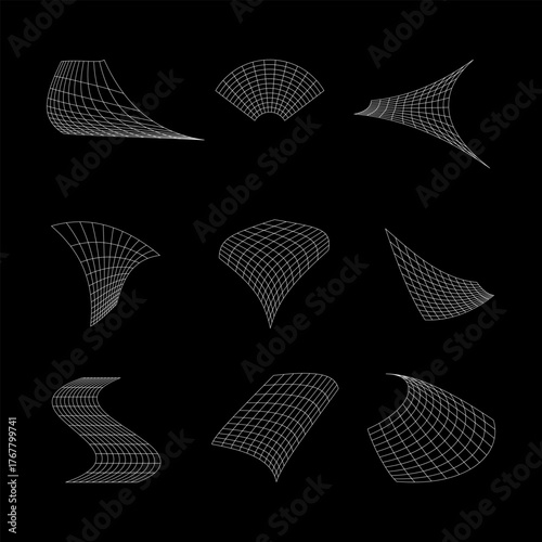 Nine abstract wireframe surfaces and curved white geometric forms displayed, black background, vector