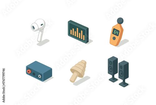 isometric icon items isolated on white background listening earbud sensor listening frequency analyzer listening decibel meter listening audio interface listening noise isolator listening