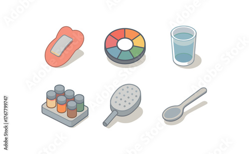 isometric icon items isolated on white background taste tongue strip taste flavor wheel taste palate cleanser taste seasoning kit taste tastebud sensor taste tasting spoon