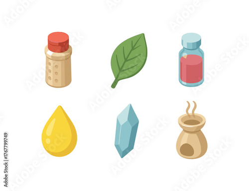 isometric icon items isolated on white background taste umami enhancer taste bitter leaf taste sweet syrup vial taste sour citrus drop taste salty crystal shard taste aroma diffuser