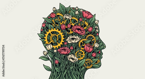 Conceptual artwork of a human head filled with gears flowers and green foliage