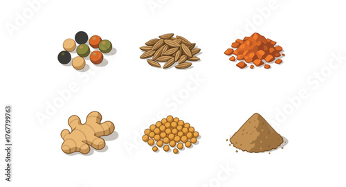 isometric icon items isolated on white background spices peppercorn mix spices cumin seeds spices paprika flakes spices ginger root spices mustard seed spices coriander powder