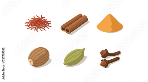 isometric icon items isolated on white background spices saffron spices cinnamon bark spices turmeric powder spices nutmeg seed spices cardamom pod spices cloves bud