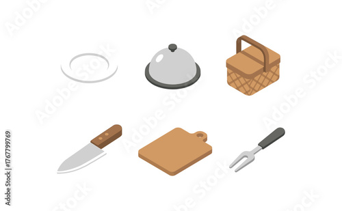 isometric icon items isolated on white background food dinner plate food serving tray food picnic basket food chef knife food cutting board food tasting fork