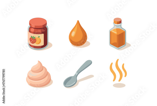 isometric icon items isolated on white background sweetness fruit jam sweetness caramel drop sweetness sweet liqueur sweetness icing swirl sweetness dessert spoon sweetness sweet aroma