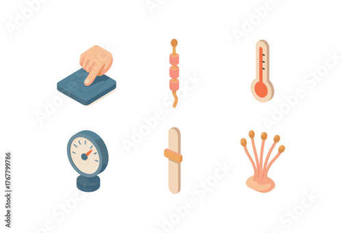 isometric icon items isolated on white background sensation tactile sensor pad sensation sensory nerve fiber sensation heat receptor sensation pressure gauge sensation threshold marker
