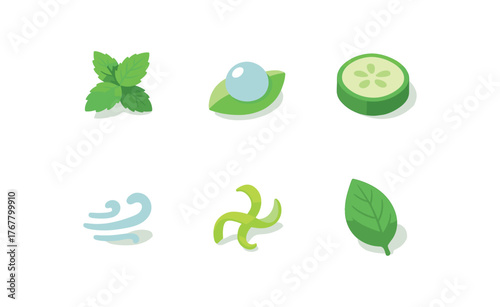 isometric icon items isolated on white background freshness mint sprig freshness morning dew freshness cucumber slice freshness sea breeze freshness lime zest freshness basil leaf