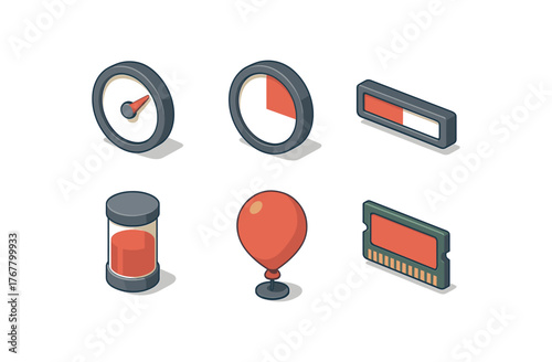 isometric icon items isolated on white background fullness gauge needle fullness capacity meter fullness progress bar fullness tank indicator fullness balloon expansion fullness memory